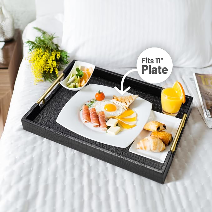 ATZYmolin 17" x 12" Wood Serving Tray with Gold Polished Metal Handles, Home Decorative Wooden Rectangle Ottoman Leather Decor Platter Bathroom Vanity Tray for All Occasions Alligator Black