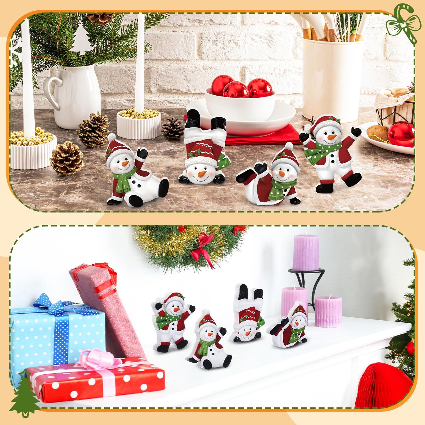 DoubleFill 4 Pcs Christmas Snowman Figurines Table Top Set Sitting Laying Standing Tabletop Decoration Wooden Snowman Statue Decor for Winter Holiday Mantle Desk Shelf Party Decoration
