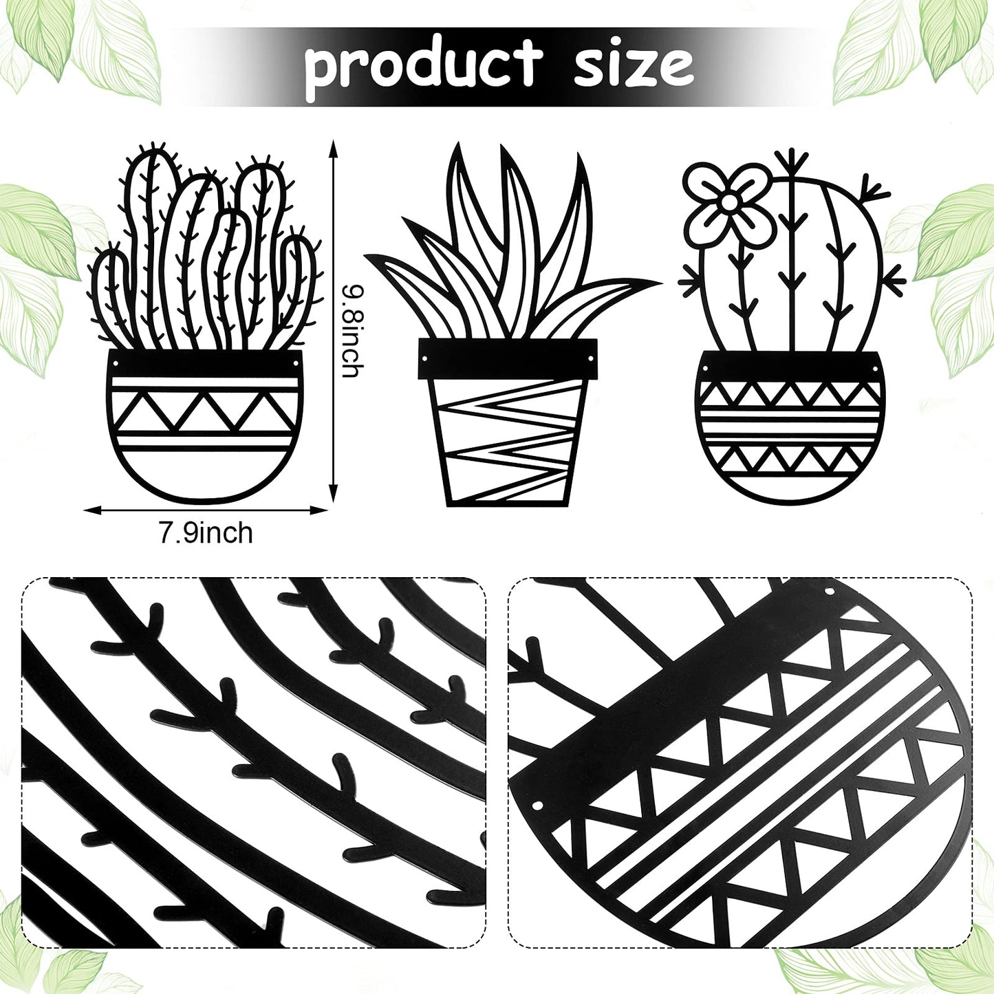 Hotop 3 Pcs Metal Cactus Wall Arts Black Rustic Farmhouse Wall Decor Natural Themed Plant Modern Black Metal Hanging Decors for Office Home Living Room Bathroom