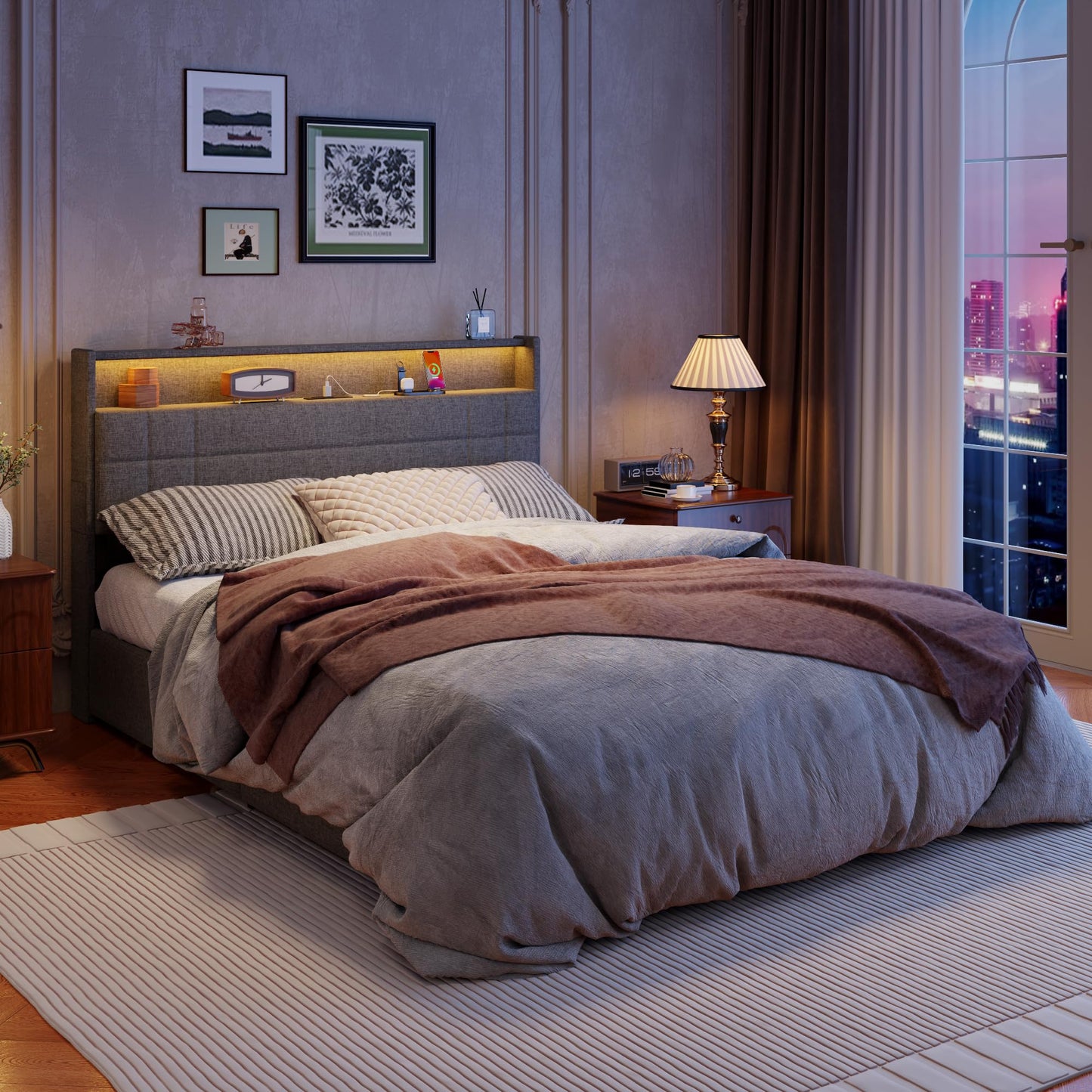 Forestell Queen Bed Frame with 4 Drawers and Storage Headboard, Grey Upholstered Platform Bed Frame Queen Size with Charging Station and LED Lights, Metal Slats Support, No Box Spring Needed