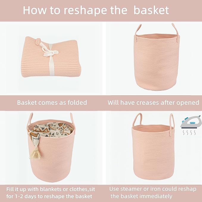 XUANGUO Cotton Rope Laundry Basket Hamper for Clothes Woven Storage Basket for Living Room Bedroom Boho Tall Rope Baskets for Blanket Toys Pillow Towels Baby Nursery Hamper Bin coral pink