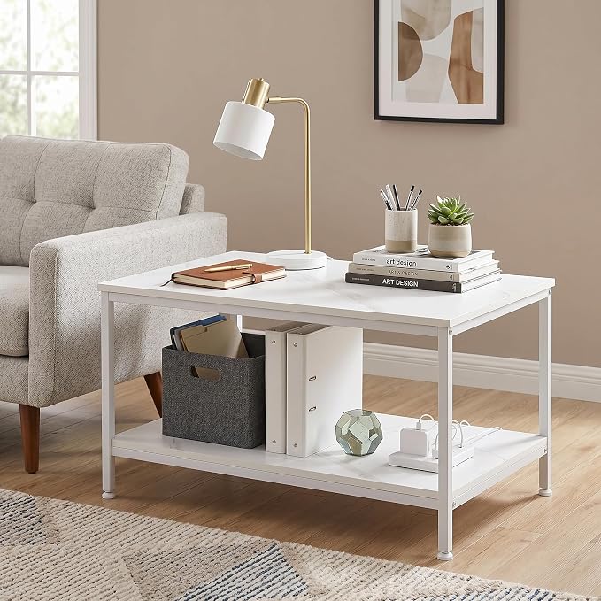 SUPER DEAL 2-Tier Industrial Coffee Table with Storage Shelf for Small Apartment Living Room, Rectangle Wood and Stable Metal TV Stand Side End Table, White Marble