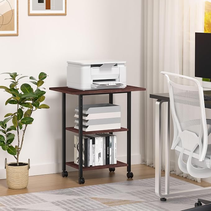 Lerliuo 3-Tier Printer Stand, Industrial Mobile Printer Table with Storage Shelf and Steel Frame, Rolling Printer Cart Holder with Lockable Wheels for Home, Office (Walnut)
