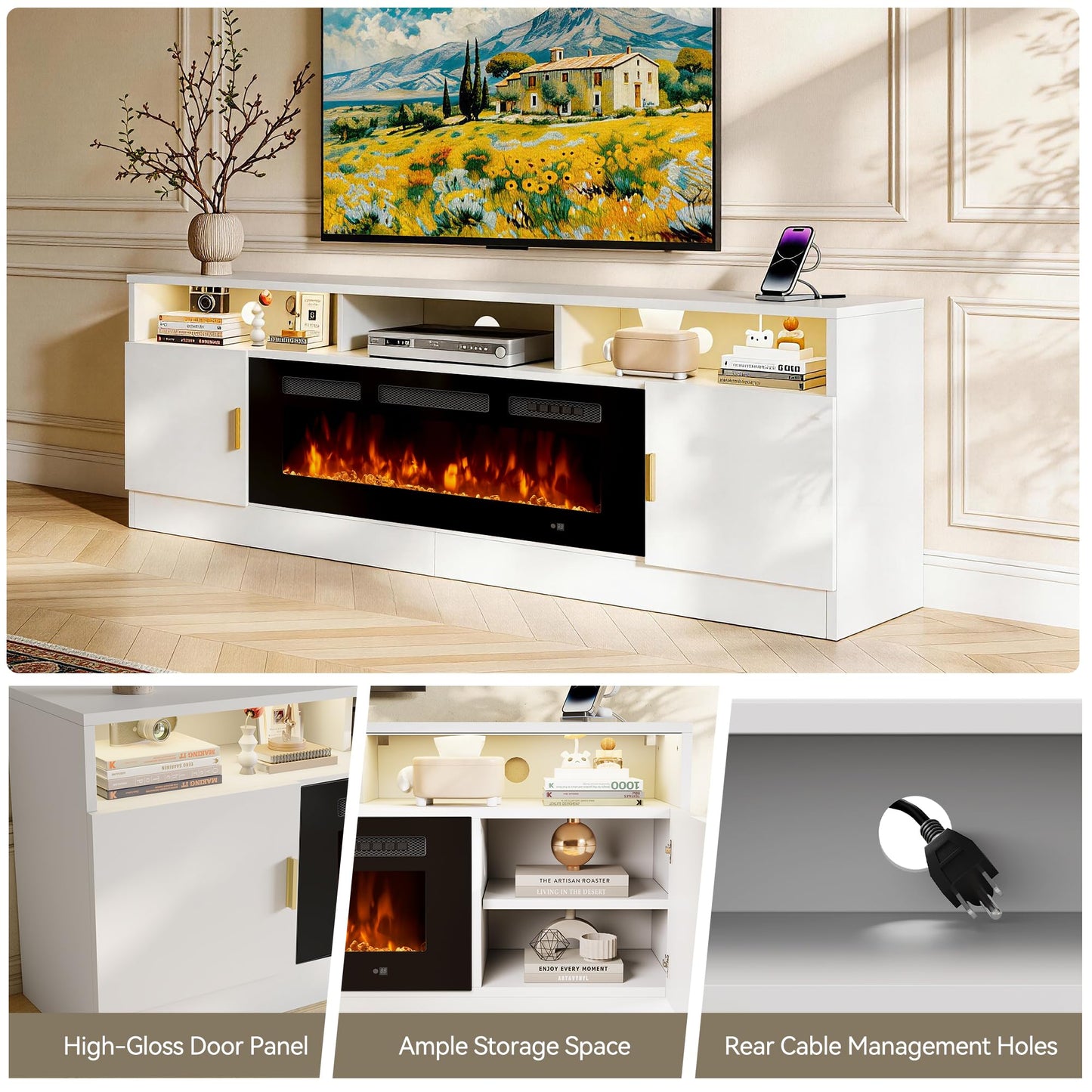 OneBlis 70" Fireplace TV Stand with Power Outlet, Electric Fireplace Entertainment Center with Storage Cabinets, Fits TVs up to 80", TV Console with LED Lights for Living Room, Office, White-Black