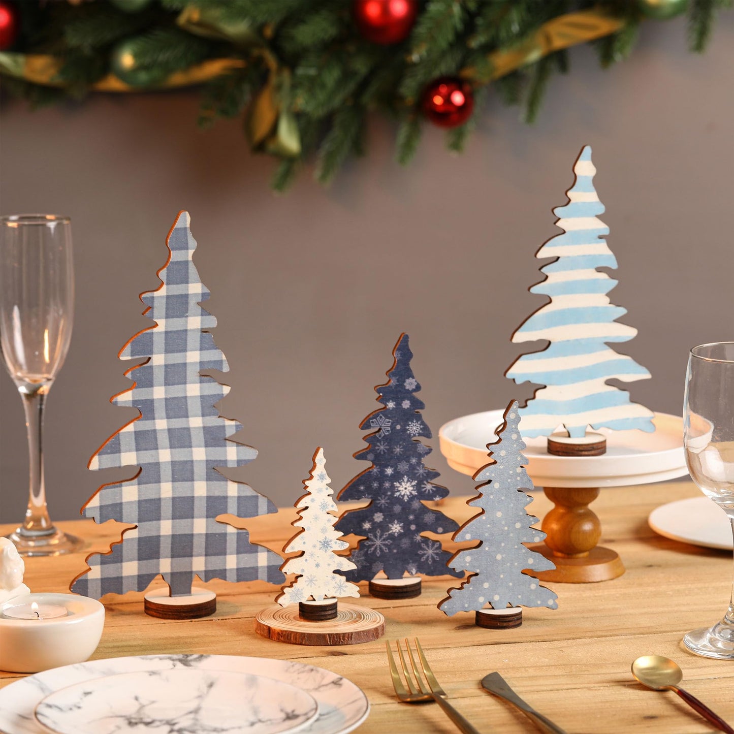 5 Pcs Wooden Christmas Tree Tabletop Decorations, Winter Tiered Tray Decor for Table Shelf Mantel Office, Small Christmas Tree for Farmhouse Table Decor