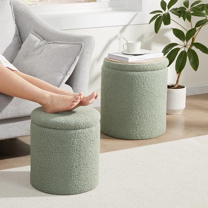 Royal Windsor Boucle Round Ottoman with Storage Set of 2,Small Foot Stool Ottoman for Living Room,Small Coffee Table, Vanity Stool with Storage for Bedroom, Green