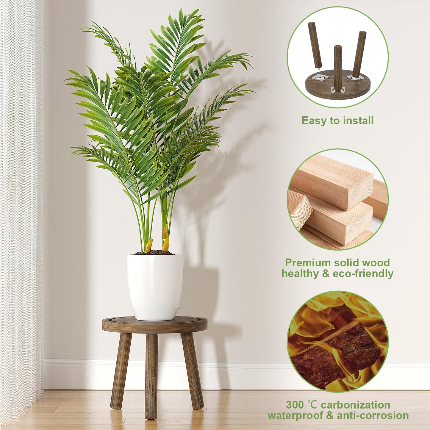 Vecxoty 3-Pack Wood Plant Stands Indoor, Single Plant Stand for 6-12 Inch Pots, Mid-Century Modern Plant Stool, Tall Plant Stand for Large Plants for Living Room, Balcony, Office (Dark Gray)
