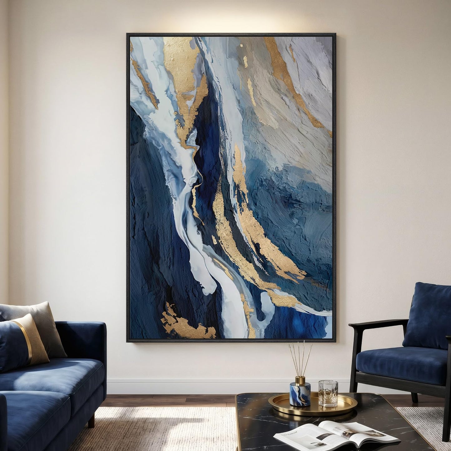 Extra Large Framed Blue Abstract Wall Art for Living Room, 40x60 In Oversized Blue and Gold Modern Canvas Prints Paintings, Big Vertical Navy Blue Pictures for Hallway Dining Bedroom Office Wall Decor