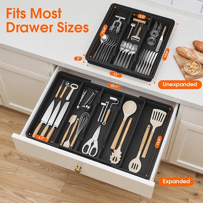 Silverware Organizer, Expandable Utensil Drawer Organizer for Kitchen Drawers, Kitchen Drawer Organizer for Spoons/Forks/Knives, Multipurpose & BPA Free Cutlery Tray, Black, 2 Pack