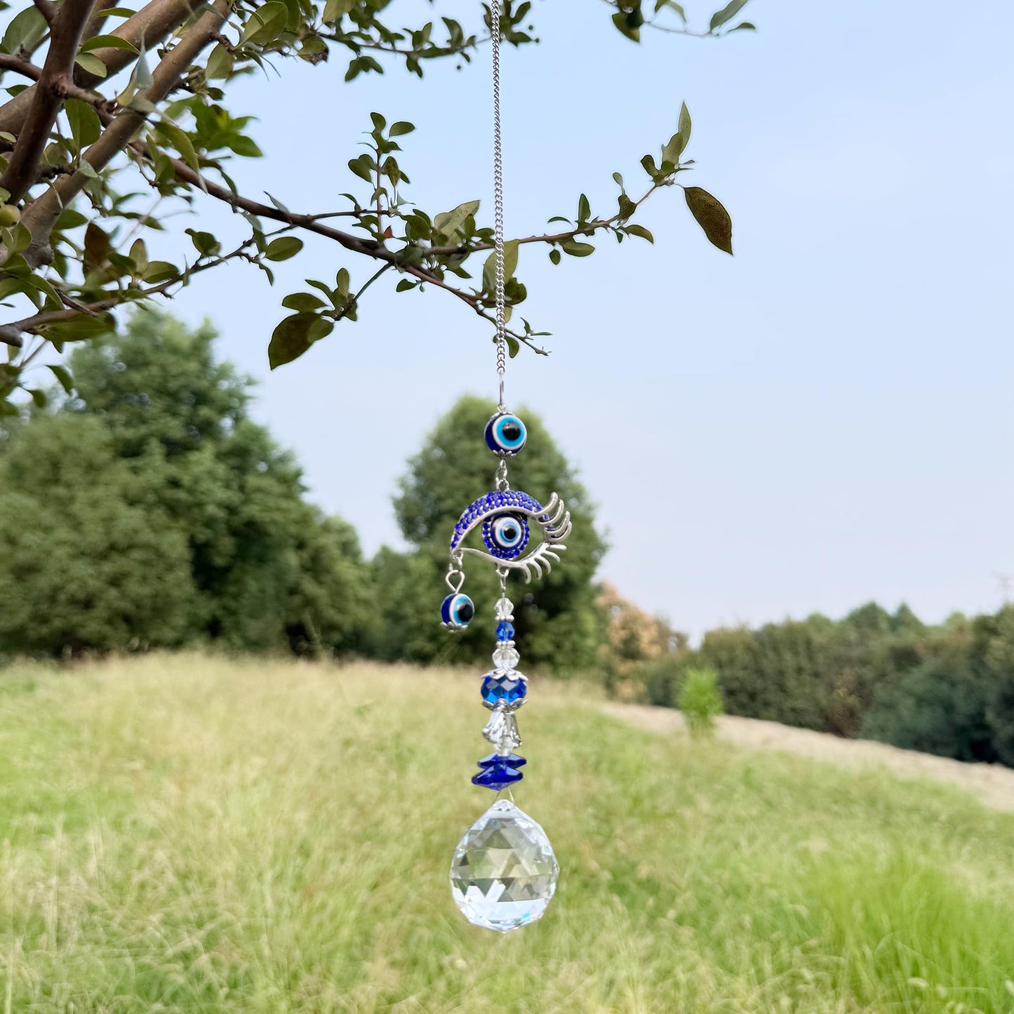 Crystal Suncatcher for Windows - Hanging Prism Sun Catchers with Crystal Balls&Blue Eye, Rainbow Maker for Home、 Garden、Car Decor (Evil Eye)