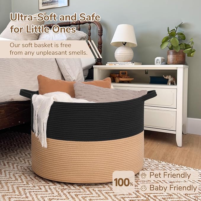 INDRESSME 115L Extra Large Cotton Rope Blanket Basket for Nursery, Boho Decor Baby Laundry Baskets for Kids Toy Organizer Storage Bin for Dirty Clothes Pillows Towel, Black & Camel