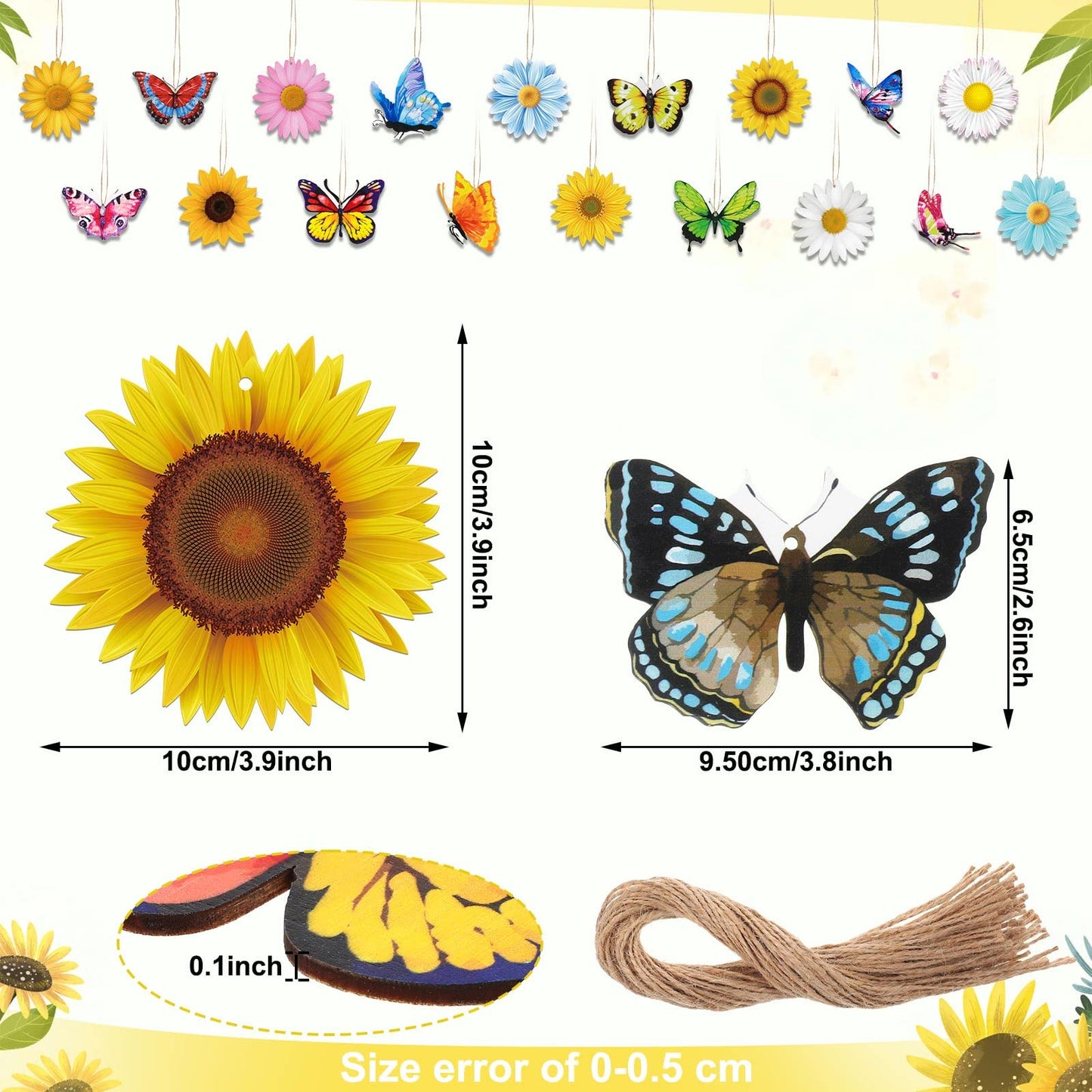 40 Pcs Spring Ornaments for Small Tree Wooden Flower Butterfly Ornament Sunflower Gerbera Daisy Wood Hanging Tree Decoration Spring Mother's Day Summer Birthday Party Decor Supplies(Flower, Butterfly)