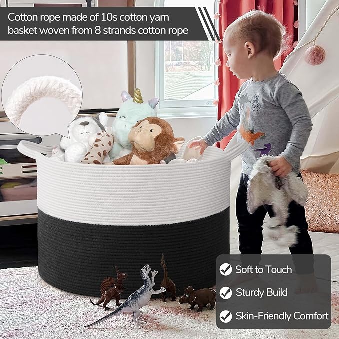 INDRESSME 115L Extra Large Cotton Rope Blanket Basket, Woven Storage for Living Room Toy Baskets Kids Baby Laundry Hamper for Dirty Clothes, Pillows, White & Black