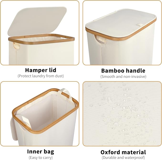 iEGrow 75L Slim Laundry Hamper, Narrow Laundry Basket with Lid,Foldable Clothes Hamper with Bamboo Handles,Hamper Basket with Removable Inner Bag for Laundry Room Bedroom College Dorm,19.8 Gals Pink