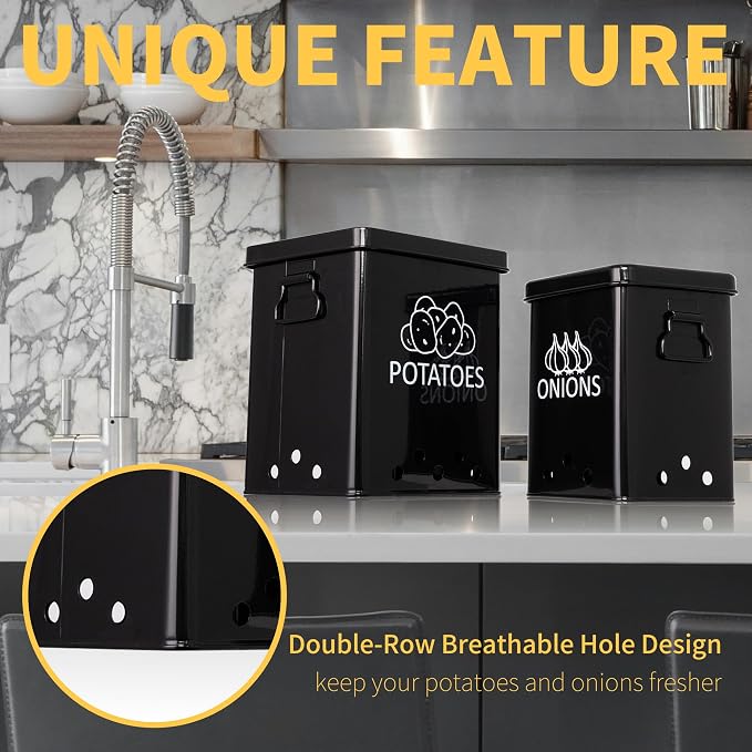 Potato and Onion Storage Bin, Set of 2 Vegetable Storage Tins with Metal Lids & Side Handles, Dual-row Ventilation Holes, Farmhouse Metal Kitchen Canisters Sets, Black