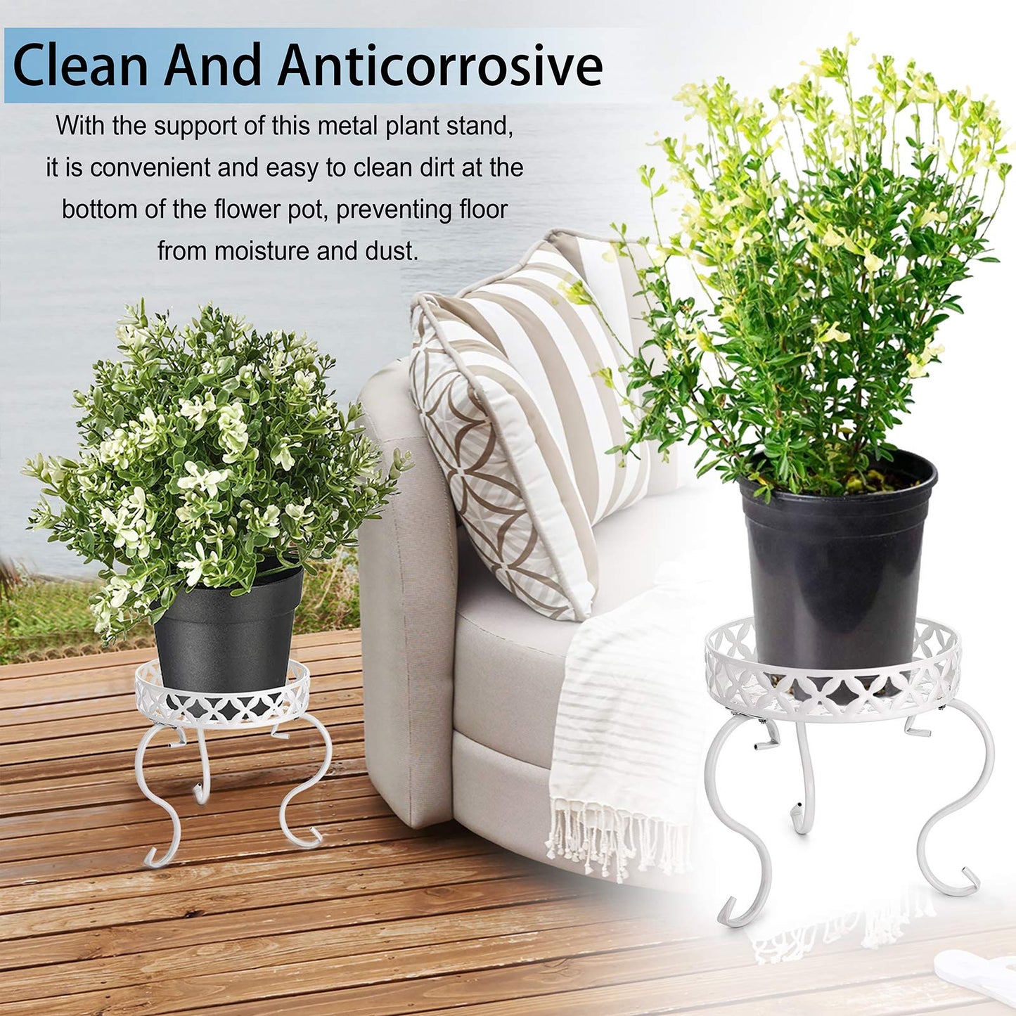 OwnMy Set of 2 Metal Round Plant Stand Rustproof Iron Flower Pot Holder, Modern Plant Display Potted Rack, Indoor Outdoor Plant Stand Heavy Duty Plant Holder for Home, Garden, Plant Lovers (White)