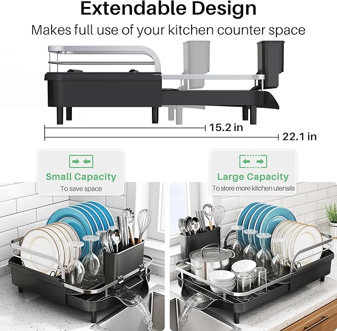 SNTD Dish Drying Rack, Expandable Dish Rack for Kitchen Counter, Stainless Steel Dish Drainer with Drainboard Set and Utensil Holder (Black)