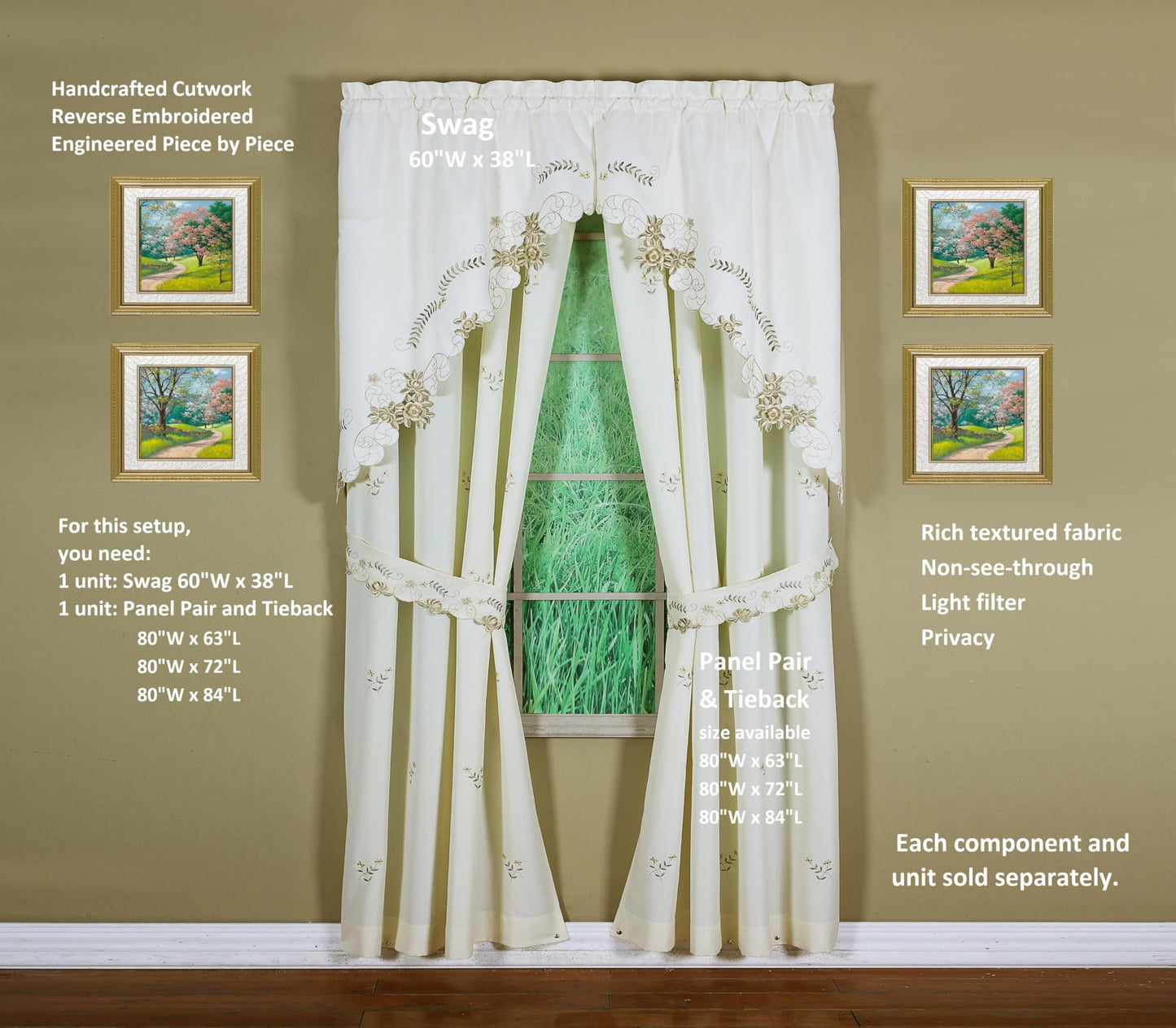 Today's Curtain Verona Reverse Embroidery Panel Pair and Tiebacks, 63", Ecru/Antique, 80" W X 63" L