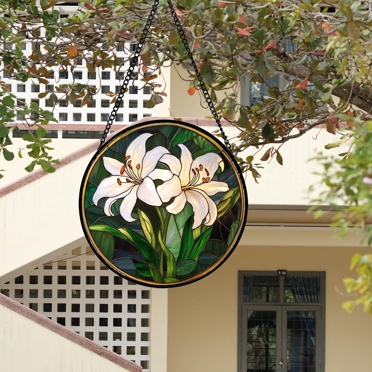 CRISGIF Stained Glass Window Hanging, White Lily Suncatcher for Door Garden Patio Birth Flower Green Plant Sun Catchers Decor Christmas Mother's Day Birthday Gifts for Women Mom Nana Friend 9.8 in