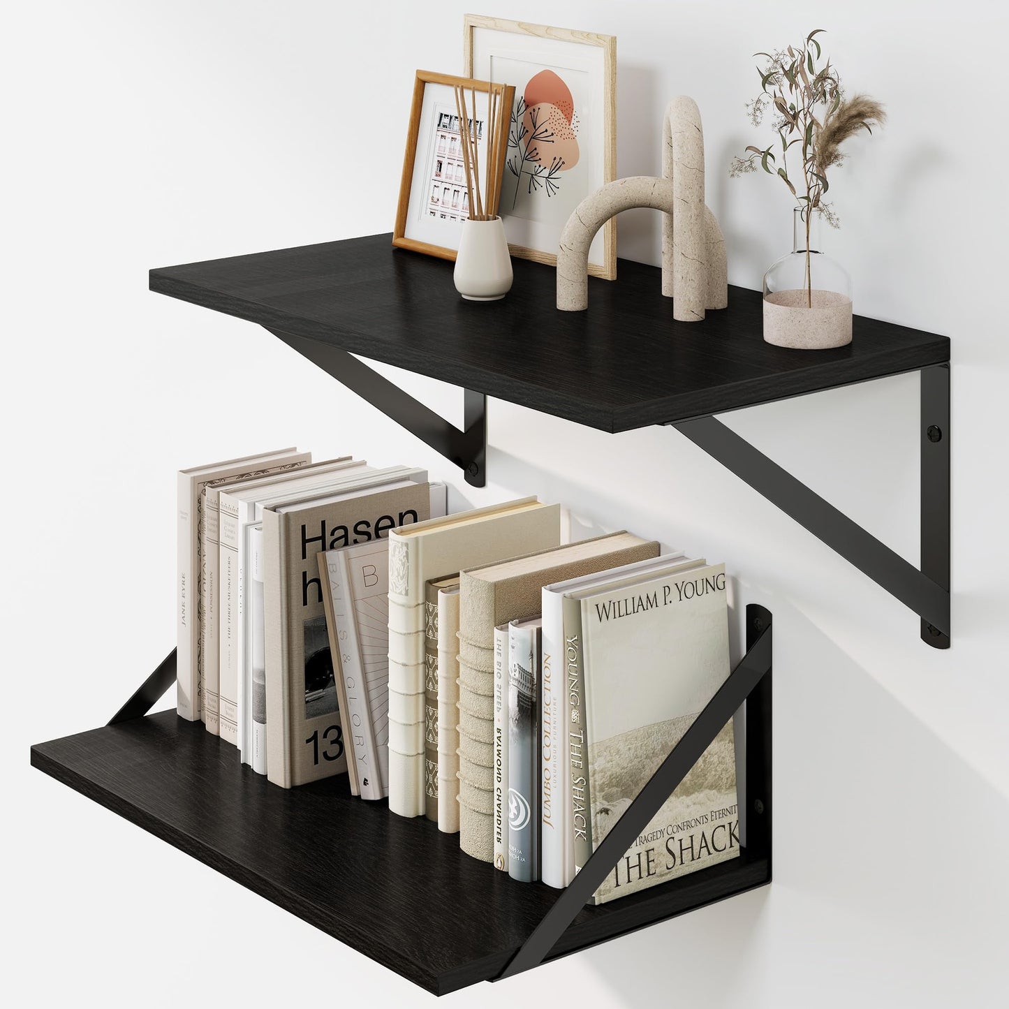 Heimlove Black Deep Floating Shelves for Wall, 16W x 8D Wood Wall Shelves Set of 2, Wide Floating Bookshelf for Living Room, Kitchen, Office, Bedroom and Decor Storage, with Metal Bracket - Black