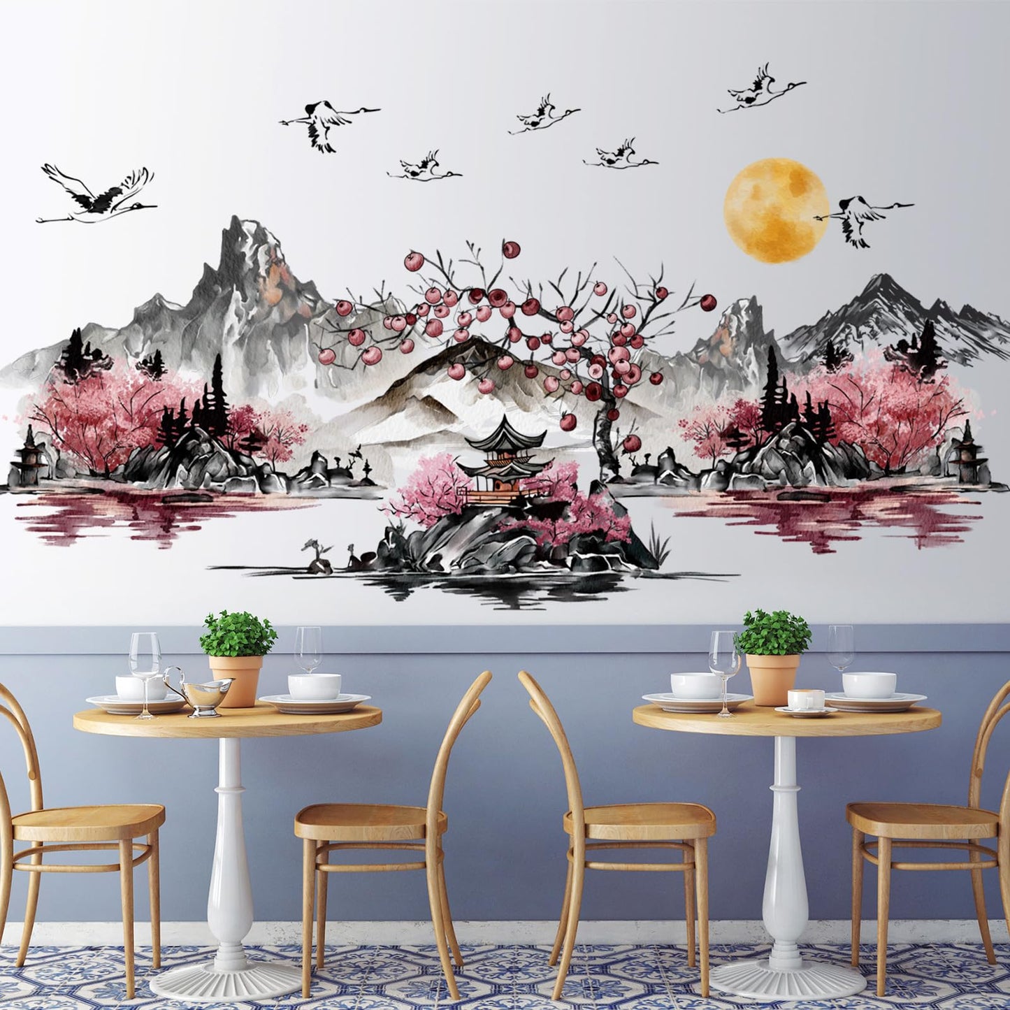 DRWSSR 3 Sheets Removable Chinese Style Splash Ink Landscape Painting Wall Decal DIY Red Sun Flying Bird Pavilion Red Forest Art Mural for Living Room Bedroom TV Background Wall Home Decor