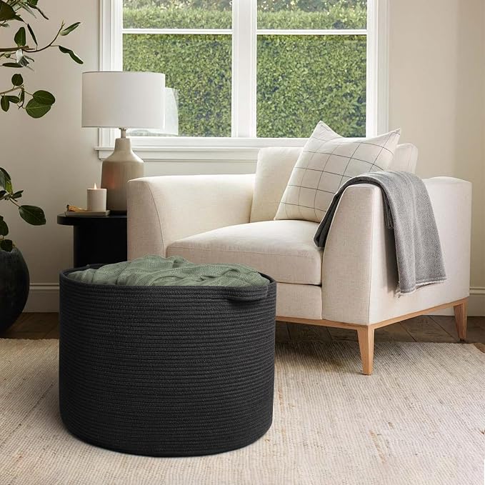 MEGASKET 115L Super Large Black Blanket Basket, 23.6"x15.7" Woven Rope Bin for Storage, Oversized Kids Dog Toy Storage Box Bins, XXXL Blanket Holder for Living Room, Jumbo Wicker Basket for Organizing
