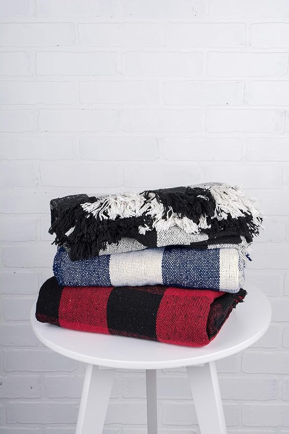 DII Buffalo Check Collection Rustic Farmhouse Throw Blanket with Tassles, 50x60, Navy/Off-White