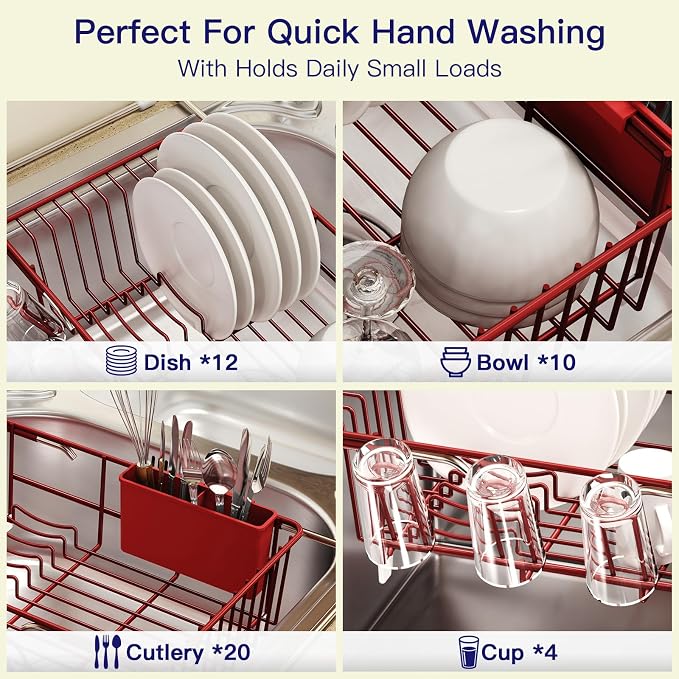 MAJALiS Red Dish Drying Rack Over Sink with Utensil Holder, Drainboard | Expandable Stainless Steel Dish Drainer for Small Kitchen, Apartment, RV, Counter Space Saving, Perfect Fit, Rustproof