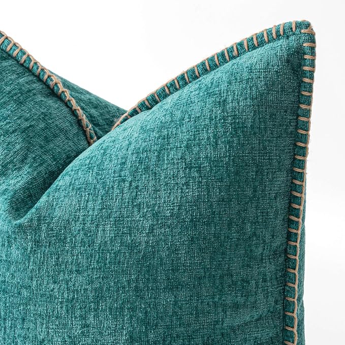 MIULEE Pack of 2 Lumbar Throw Pillow Covers 12x20 Inch Teal Farmhouse Decorative Pillow Covers with Stitched Edge Soft Chenille Solid Dyed Summer Pillow Covers for Couch Sofa Bed Living Room