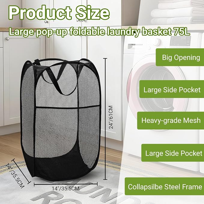 BATTOO Deluxe Strong Mesh Pop up Laundry Hamper Basket with Side Pocket for Laundry Room, Bathroom, Kids Room, College Dorm or Travel 2 Pack Black