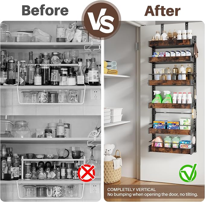 6 Tier Over The Door Pantry Organizer, 2 IN 1 Wall Mount or Metal Hanging Spice Rack for Pantry Organizers and Storage, Seasoning Shelves，Adjustable Basket with Hooks for Kitchen Cabinet and Closet