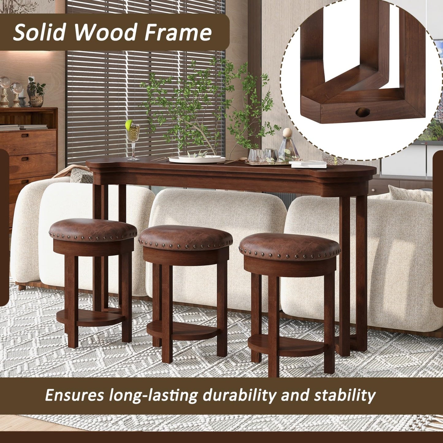 KEIKI 60" Solid Pine Wood Bar Table Set with 3 PU Stools Chairs, Long Bar High Top Dining Table & Upholstered Stools, Behind Couch Sofa Counter Height Pub Table for Breakfast, Kitchen Living Room