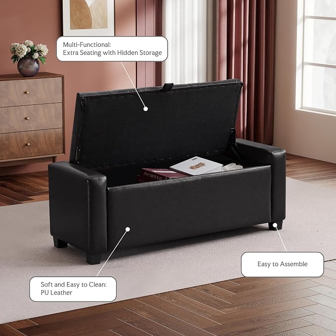 GRAINELL Storage Ottoman Bench, Upholstered Tufted Bedroom Bench with Storage, End of Bed Storage Bench for Living Room & Entryway, 350 lb Capacity, Leather Black