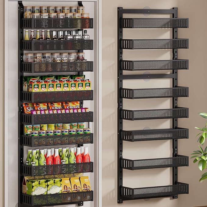 POKIPO 8-Tier Over the Door Pantry Organizer, 2 IN 1 Wall Mount or Hanging Spice Rack with Adjustable Raised Basket, Heavy Duty Back of Door Storage for Kitchen Bathroom Laundry Room