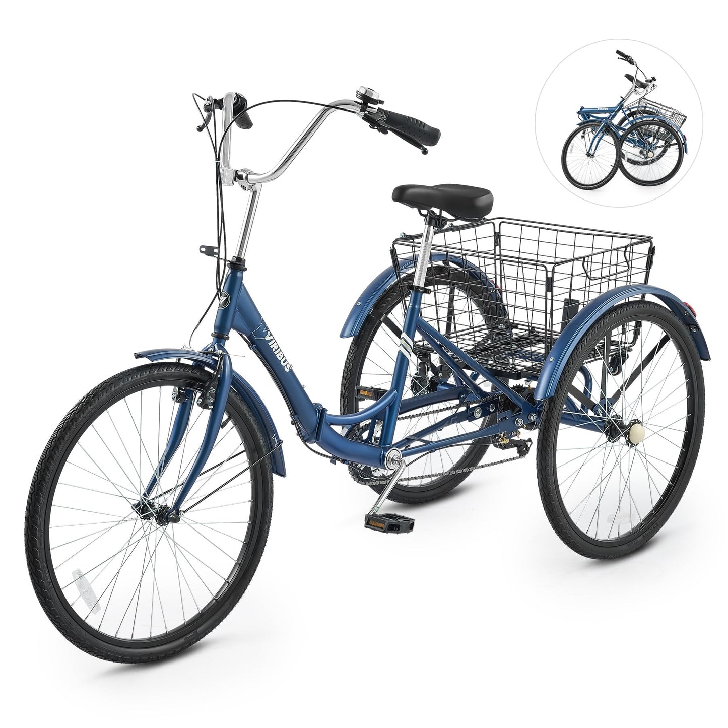 VIRIBUS Foldable Adult Tricycle, 7 Speed Folding Tricycle for Adults with Removable Wheeled Basket, Folding 3 Wheel Bikes for Adults Men Male Seniors 24 inch, Collapsible Trike 330 LB. Blue