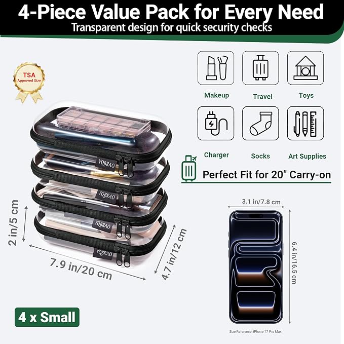 YQBRAO 4-Pack Clear Hard Shell Zipper Case, 1.2mm Ultra-Thick Diaper Bag Organizer Pouches, Rigid Self-Standing Travel Makeup Bags with YKK Zippers, TSA Approved, Black