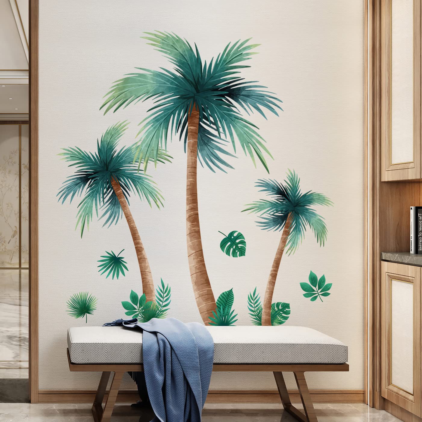 3D Removable Tropical Rainforest Wall Sticker Brown Tree Green Leaves Wall Decal DIY Peel and Stick Coconut Tree Wall Decor for Kids Girls Boys Bedroom Living Room Nursery Classroom Playroom