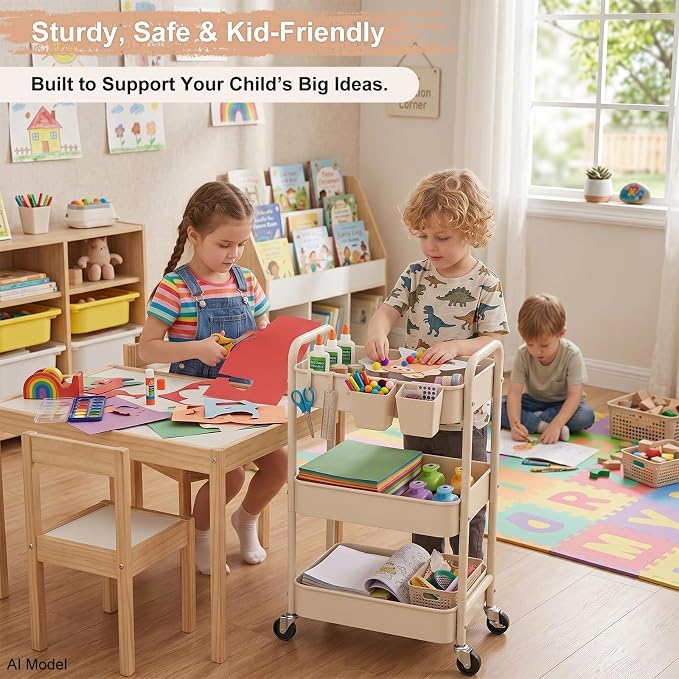 3 Tier Beige Rolling Storage Cart Metal on Wheels, Cream Three Tiered Diaper Caddy with Wheels,Utility Organizer Trolley for Nursery,Postpartum,Art,Craft,Khaki Roller Bedside Carts for Baby Essentials