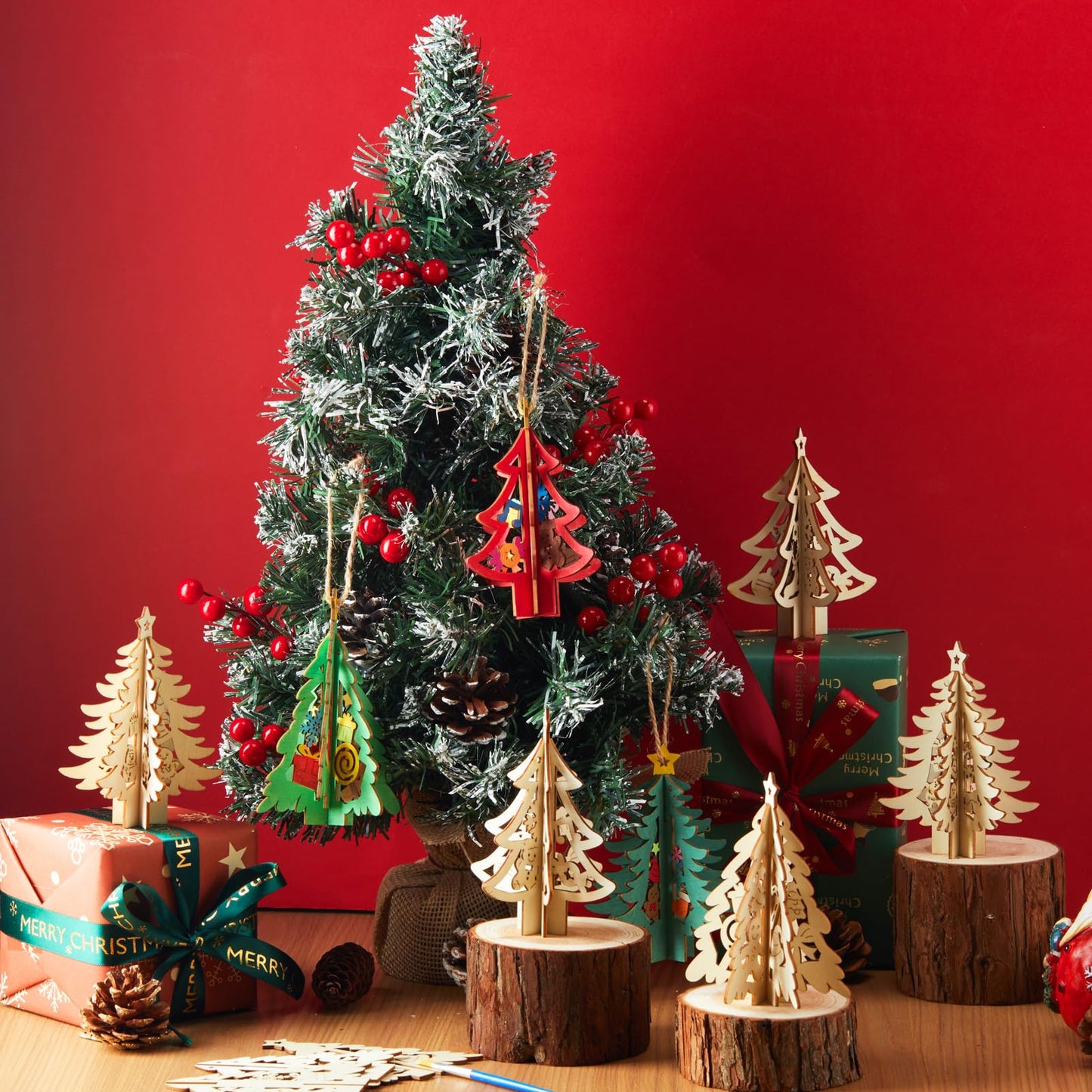 Chunful 72 Pcs Christmas Tree Wooden Crafts DIY 3D Christmas Tree Signs Xmas Unfinished Wood Cutouts Crafts Ornaments Hollow Wooden Slices Hanging Decoration for Xmas Holiday Tabletop Gifts