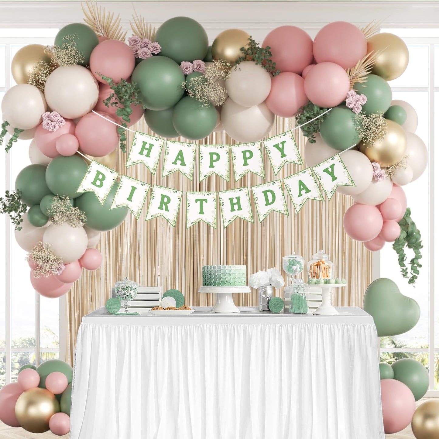 Pink and Sage Green Birthday Decorations with Light Pink Sage Green Sand White Metallic Gold Foil Balloons Fringe Curtain Banner for Happy Birthday Decorations for Women