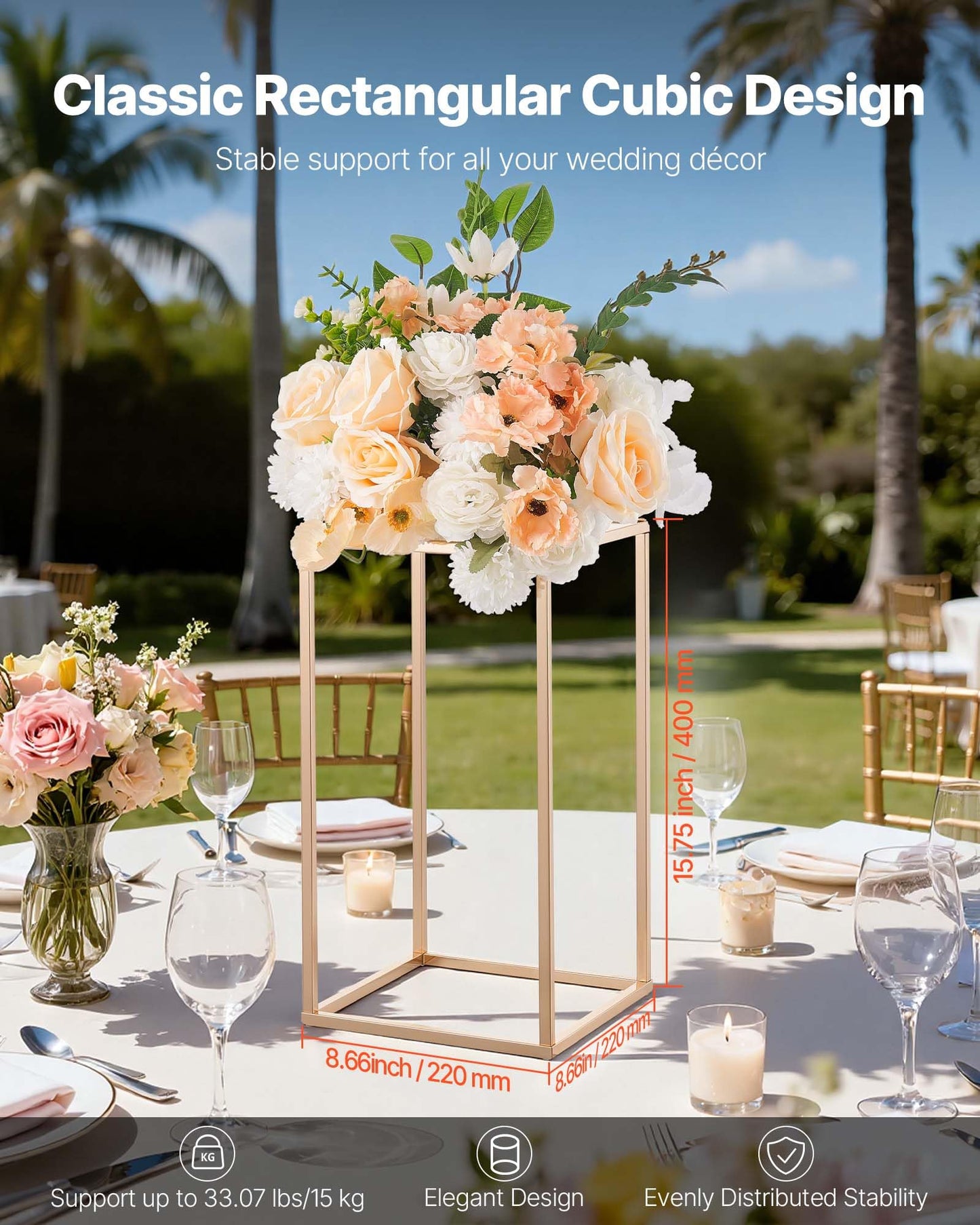 VEVOR Wedding Flower Stand, 10PCS 15.75-inch Column Flower Stand, Floral Stands with Acrylic Laminate, Rectangular Floral Display Rack for Wedding, Party, Birthday, Home, French Gold Centerpiece Stands