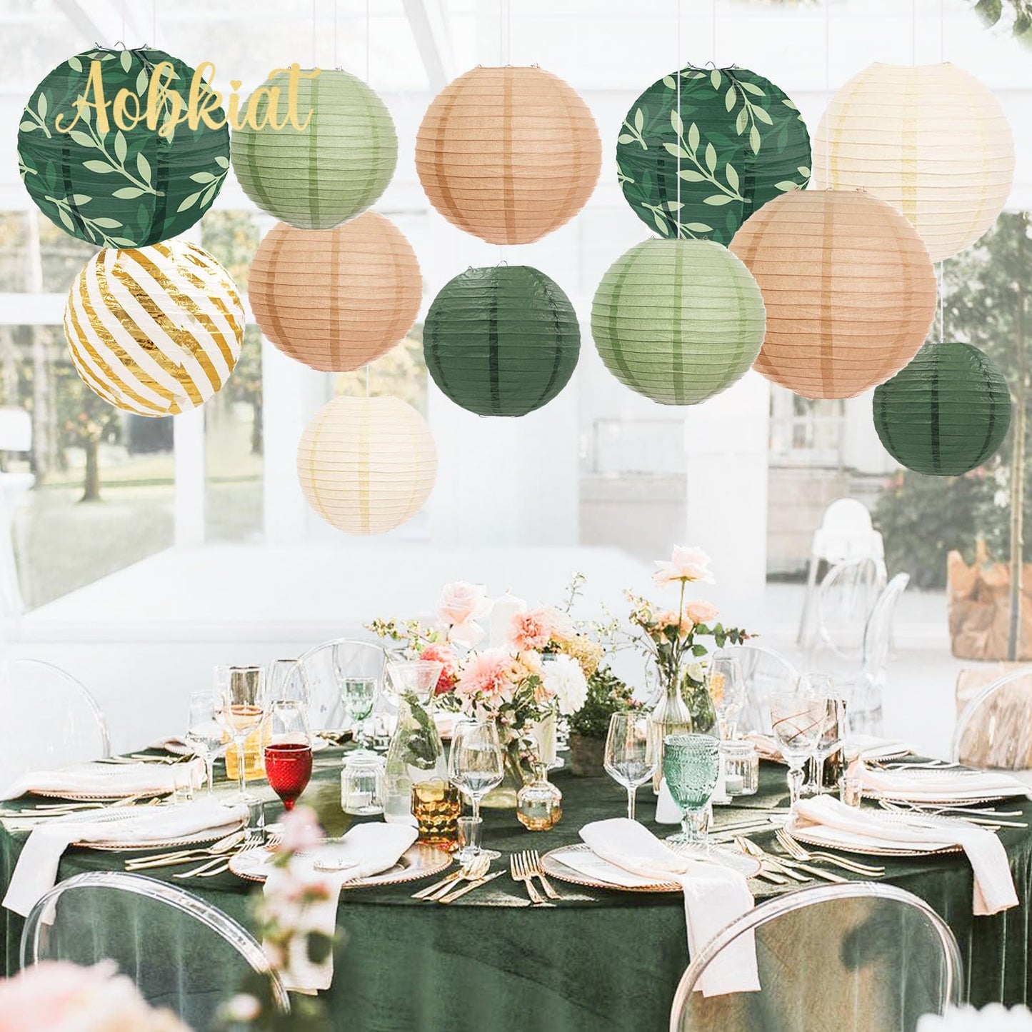 AOBKIAT Party Decorations Paper Lanterns Set,12PCS Sage Green Brown Chinese Japanese Hanging Paper Lantern for Green Boho Wedding,Birthday,Baby Shower,Bridal Showers,Neutral Party Decor