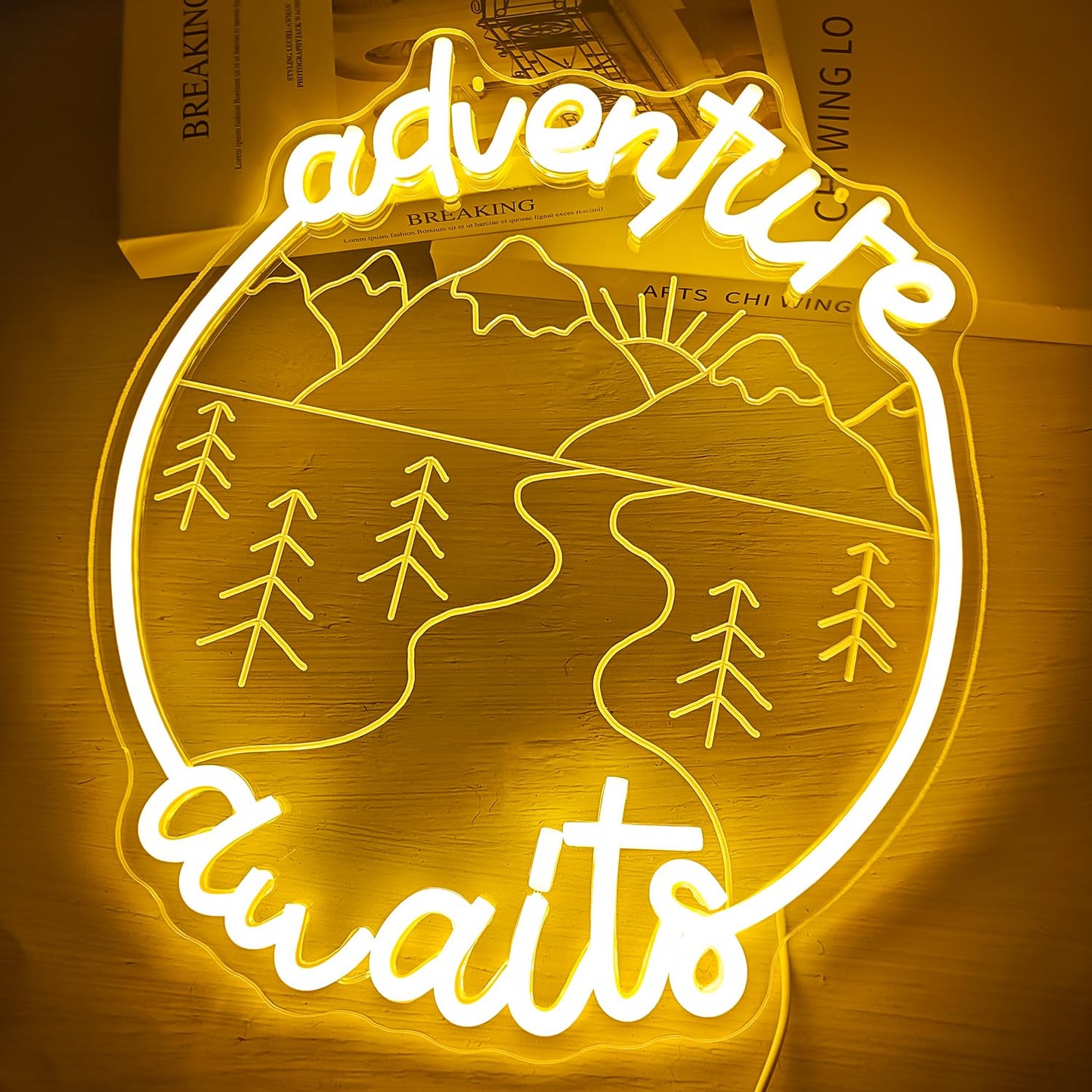 Jeanchrl Adventure Awaits Neon Sign Dimmable Camping Neon Lights for Recreational Vehicle Decor Yellow LED Signs for Camping Party Decorations Adventure Neon Light Sign Gifts for Camping Lovers