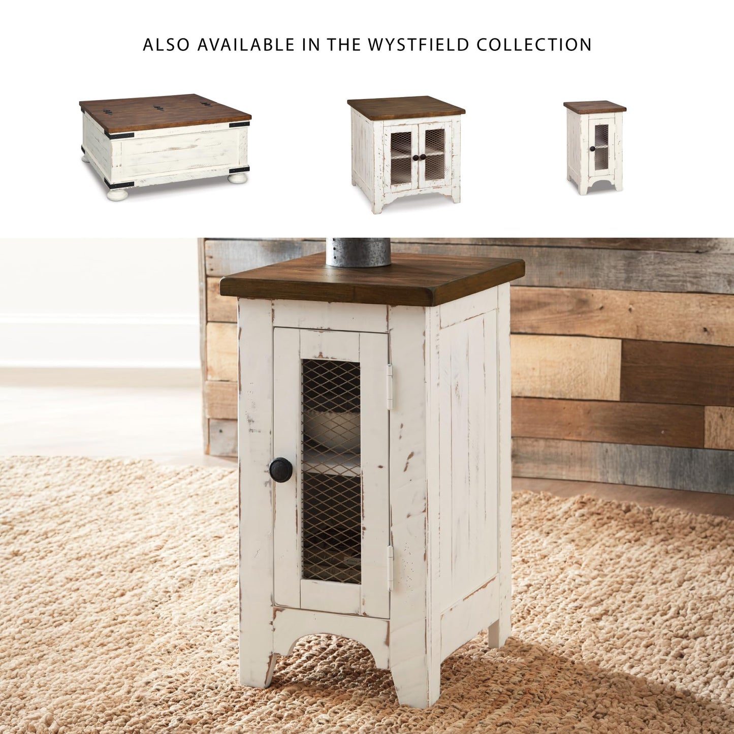 Signature Design by Ashley Wystfield Farmhouse Chair Side End Table with Cabinet Door for Storage, White & Brown with Distressed Finish