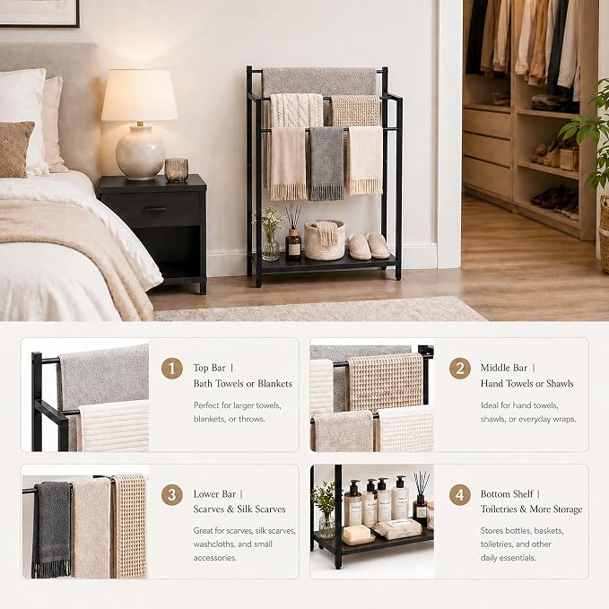 24.8" W Freestanding Towel Rack, 3 Tier Blanket Ladder Stand with Black Wooden Shelf for Bathroom Living Room
