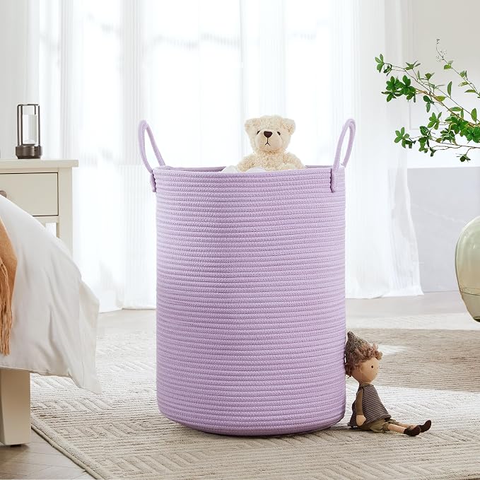80L Extra Large Purple Hamper Laundry Basket for Nursery Kids 16Dx22H inches Tall Lavender Blanket Basket for Girls Cotton Rope Lilac Clothes Hamper in Bedroom