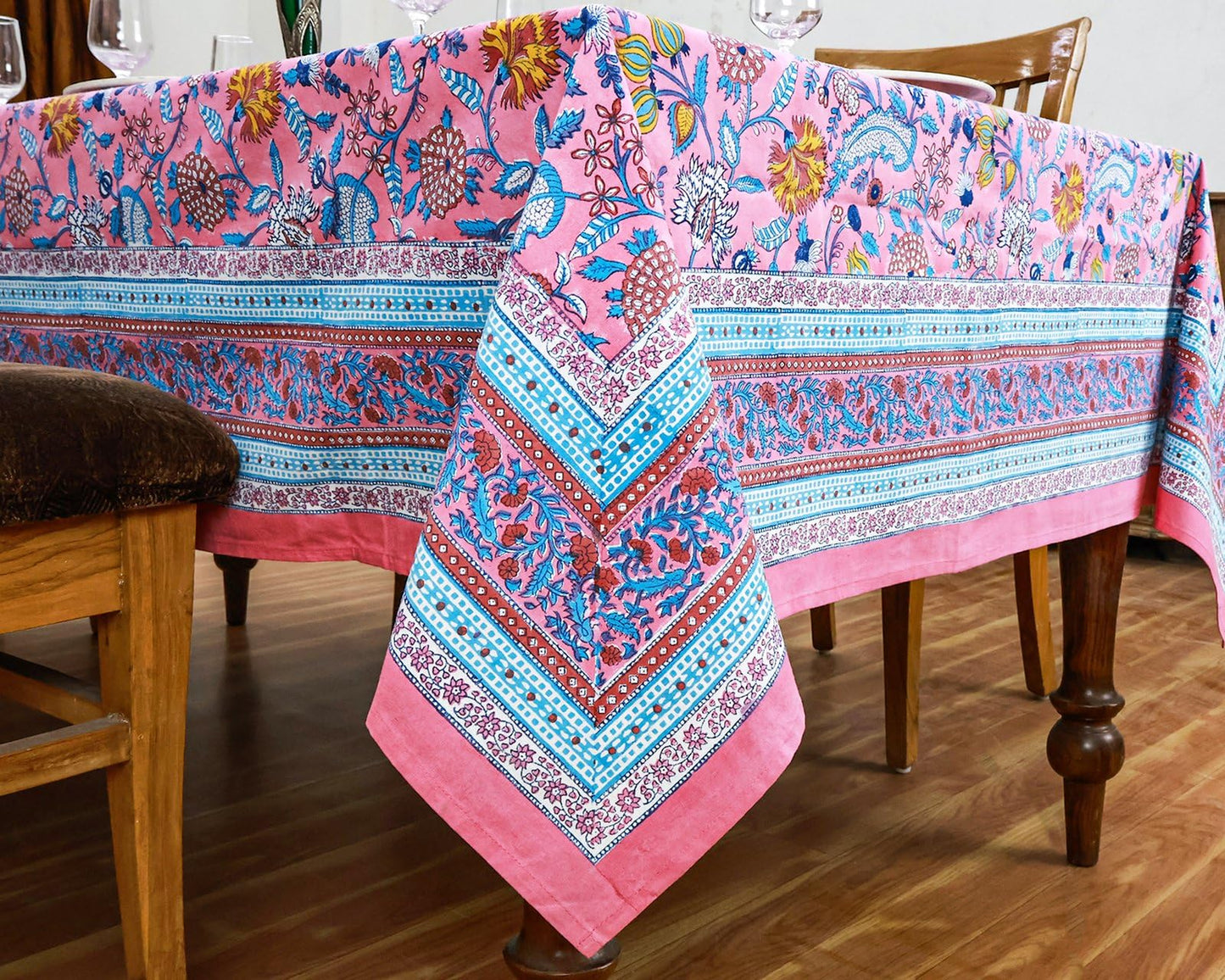 60x60 Inches Square Hand Block Printed Cotton Tablecloth, Pink Blue Floral Table Cloths Washable, Indian Table Linen for Valentine Thanksgiving Gifts Home Decor Dinning Outdoor