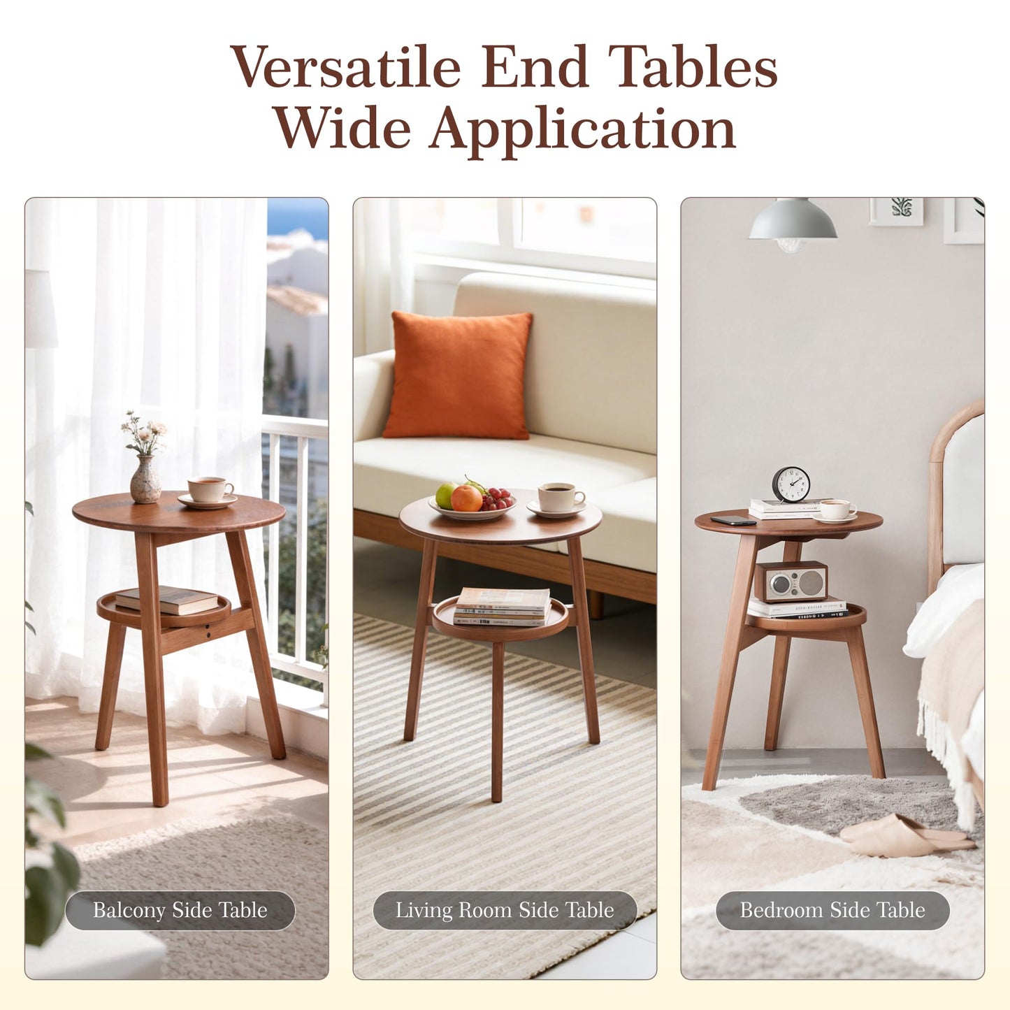 VELOHEIM Bamboo Round Side Table, 2-Tier Small Space End Table with Storage Shelf, Mid-Century Modern Rustic Style Narrow Table for Living Room Bedroom Sofa Side
