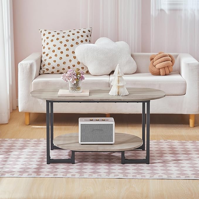 HOOBRO Coffee Table for Living Room, Oval Small Coffee Table with 2-Tier Open Storage Shelf, Industrial Cocktail Tea Table, Wooden Desktop Center Table, Farmhouse, Home Office, Greige BG09KF01