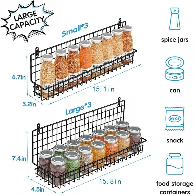 JKsmart 6-Tier Spice Rack Organizer with Door Hook, Wall Mounted & Over the Door Spice Racks for Kitchen Pantry Door Cabinet, Two Size, Large Capacity, Black